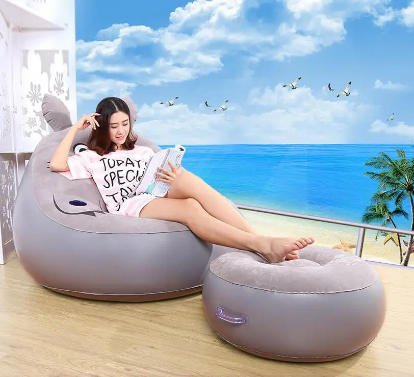 AOTEMAN lazy inflatable sofa outdoor folding sofa leisure soft and comfortable flocking fabric sofa bed luxury inflatable sofa chair and footstool two-piece coffee 