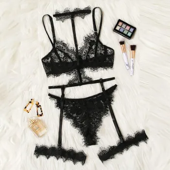 

Women Exquisite Lace Bra and Briefs with Garter Set Cut-Out Sous Vetement Femme Sexy Ensemble Lingerie Porno Present for Lover