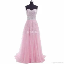 Auf Lager 2015 Günstige Lange prom Kleider Bling Pailletten eine Linie Schatz Tulle Lace Up Korallen Party Brautjungfer Kleider Abendkleider
