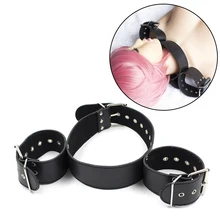 Sex Toys Handcuffs +Neck Collar Leather Bdsm Bondage Restraints Slave Necklace Fetish Role Play Erotic Tools Bed Strap For Sale gay leather collar bdsm sexy leash ring chain slave bondage erotic toys role play erotic fetish collar sex toys for couples sexo
