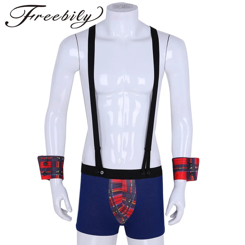 3Pcs Gay Mens Sissy Panties Costume Boxer Shorts Underwear Plaid Bulge Pouch with Y Back Braces