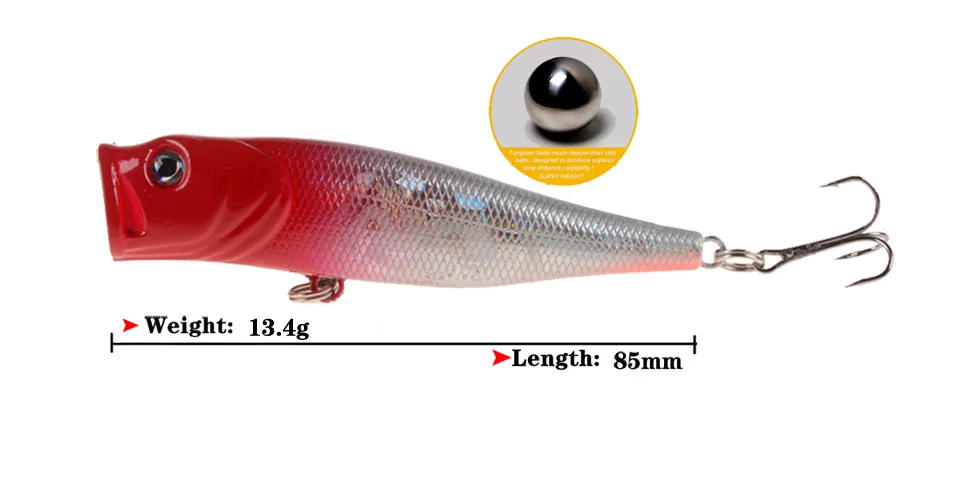 Новое поступление, 1 шт., жесткая Поппер рыболовная приманка, 85 мм, 13,4 г, воблеры, 6# КРЮЧКОВ, приманки