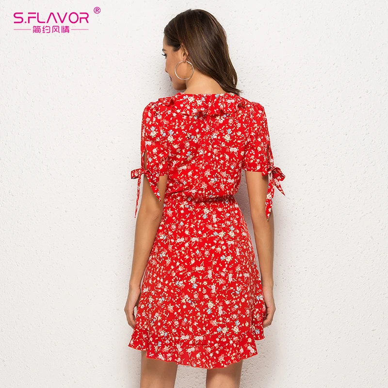 S. Favor сексуальное шифоновое мини-платье с оборками, женское платье с коротким рукавом и принтом, винтажное женское платье, летнее пляжное платье с v-образным вырезом