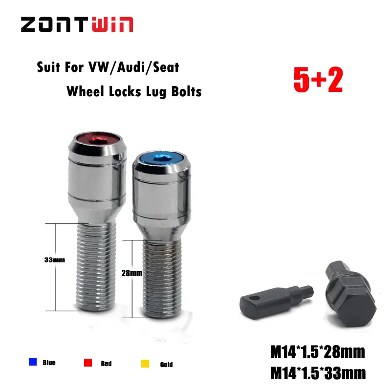 5 винтов+ 2 ключа M14x1.5 блокирующие болты для колес из сплава автомобильные закрытые 14X1,5 наконечники гайки комплект замков для Volkswagen Audi Seat Bmw хром