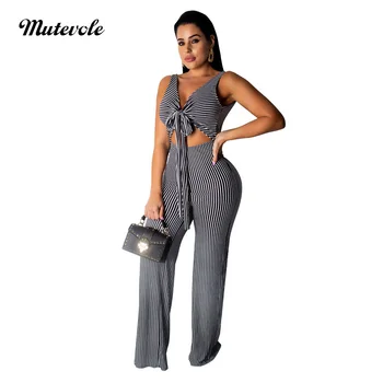 

Mutevole One Piece Backless Stripe Jumpsuits Women Casual V Neck Wide Leg Bandage Jumpsuit Sexy Sleeveless Bodycon Club Jumpsuit