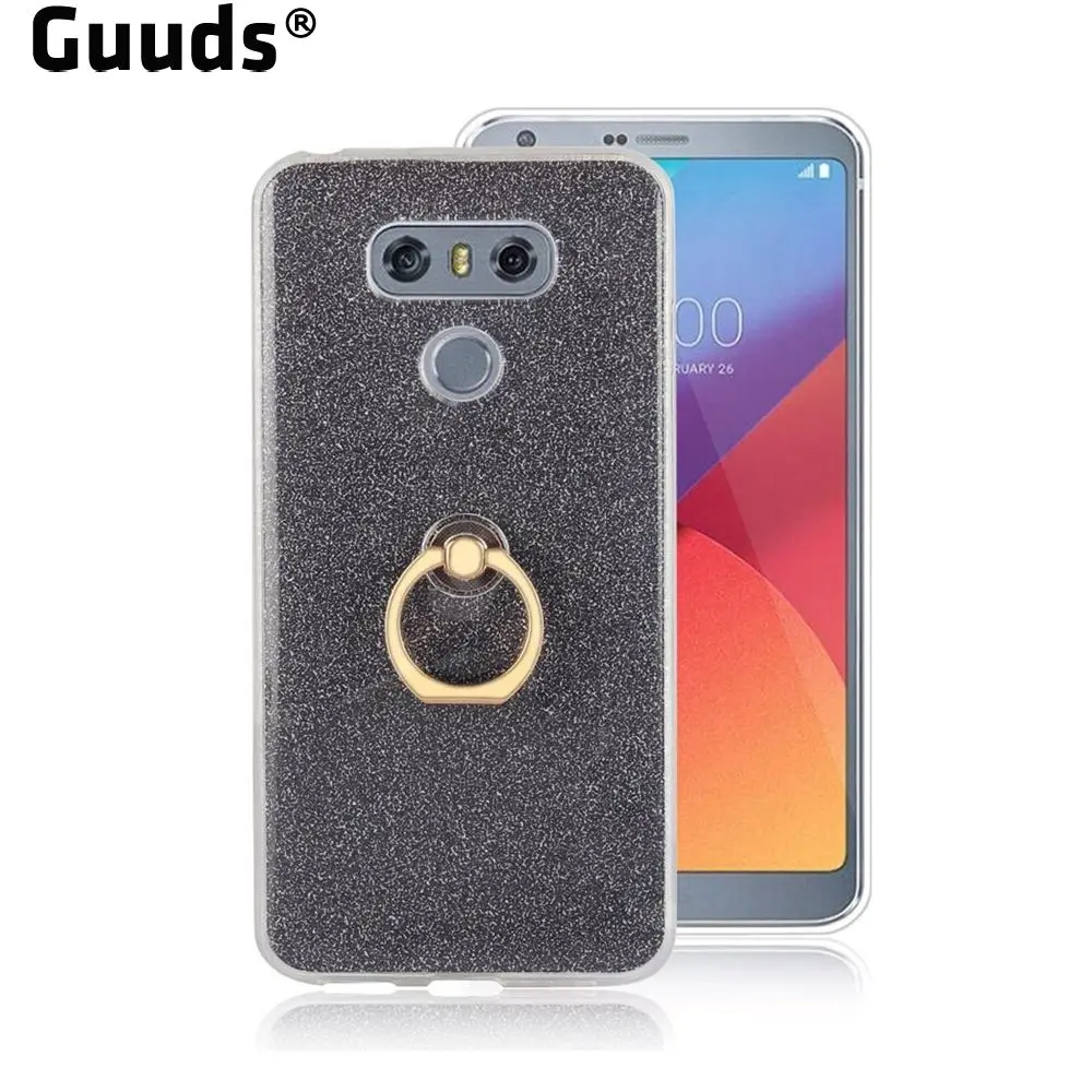 Luxury Soft TPU Glitter Back Ring Cover with 360 Rotate Finger Holder Buckle for LG G6 - Black