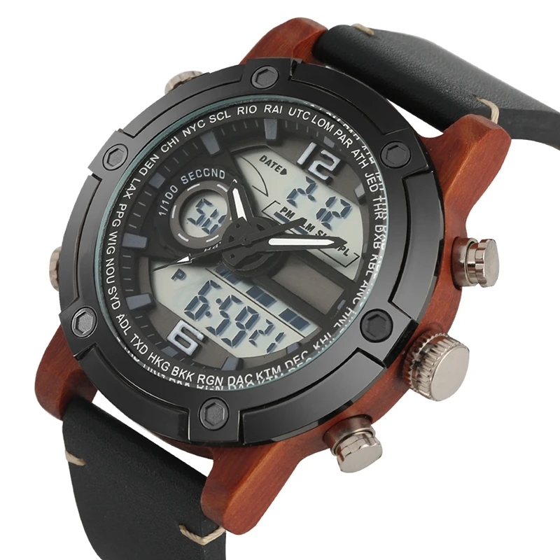 

LED Digital Watch Antique Mens Ebony Wood Watches Fashion Double Multi-function Digital Display Military Watch Wooden Wristwatch