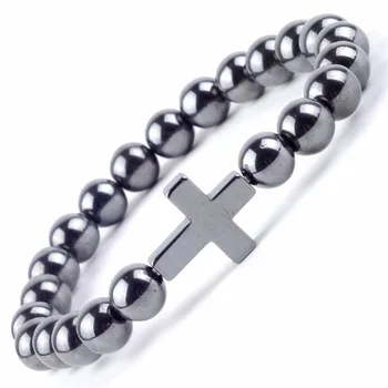 2020 Fashion Natural Hematite Stone Bracelet Men Cross Charm Bracelets & Bangles For Women Jewelry Xmas Gift Wholesale