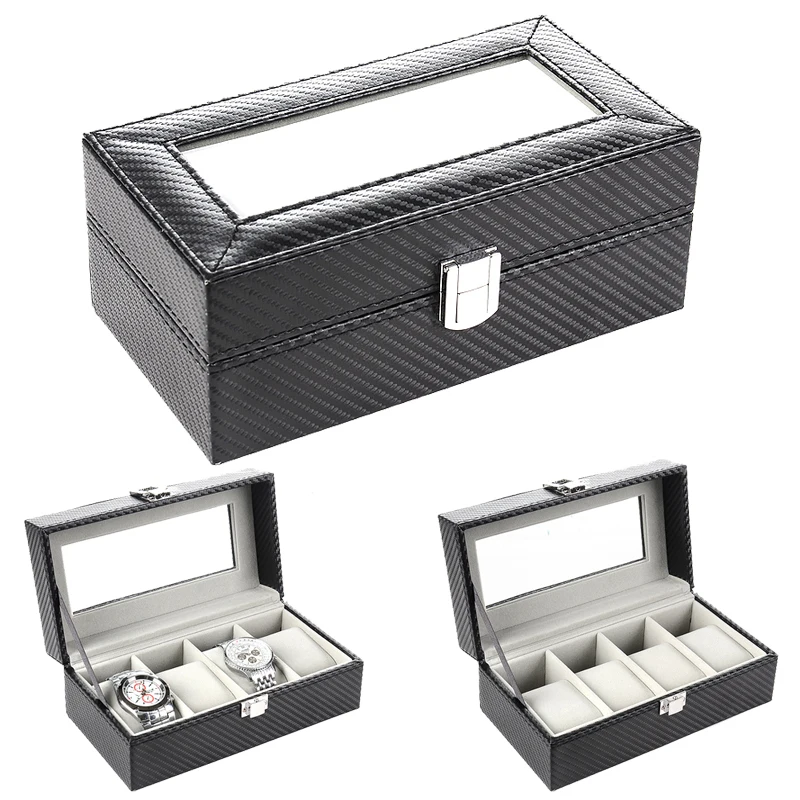 

4 Grids Handmade Carbon Fiber Watch Box Watch Case Clock Box Time Box for Watch Organizer