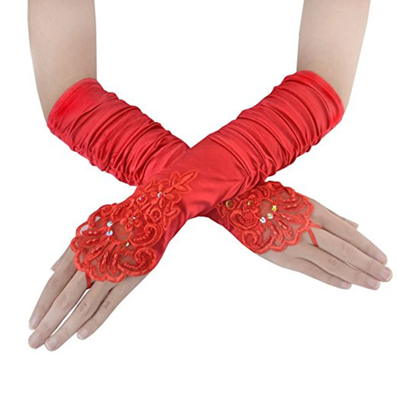 Women Gloves Long Red Ruffles Satin Dance Gloves Lace Appliqued Beaded