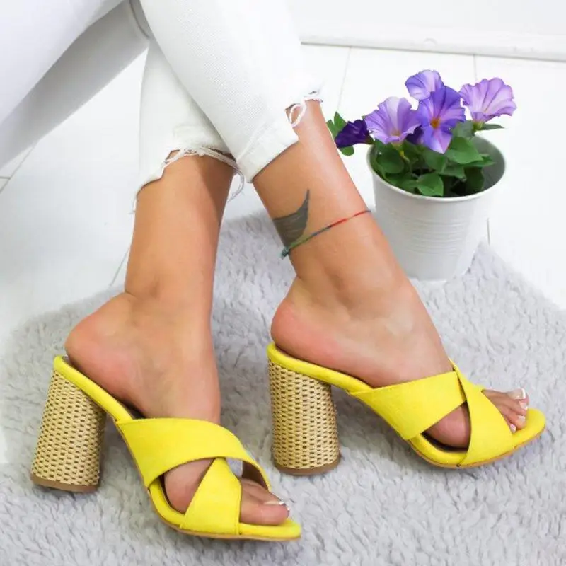 SHUJIN/женские сандалии на толстой подошве; Новинка года; модные дизайнерские женские сандалии на среднем каблуке; женская повседневная обувь с закрытым носком в римском стиле - Цвет: Цвет: желтый