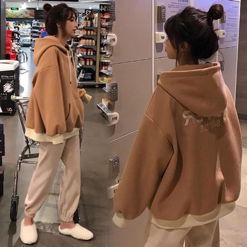 

sportswear Woman's sets autumn winter students plus velvet thick hoodies sweatshirt pants fashion 2 two piece set women Korean