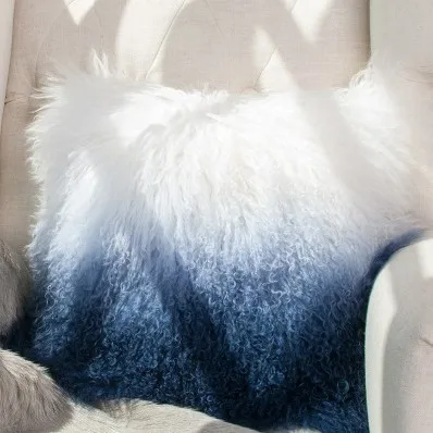 Тибетская овчина курчавая меховая подушка, градационный синий цвет мягкий овечий мех бросок для мебели, настоящий монгольский овечий мех - Цвет: as picture