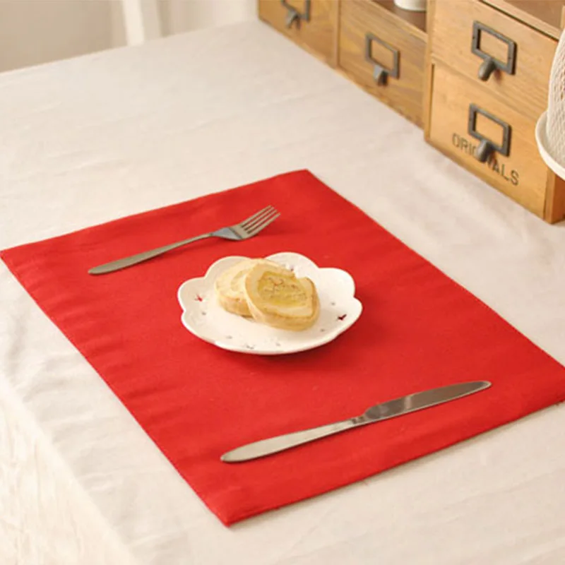1 pcs Red Cotton Linen Mat Double Deck Solid Pads Table Cloth