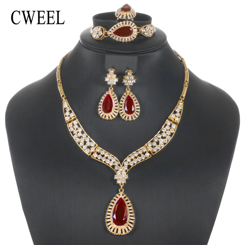 

CWEEL African Beads Jewelry Set Women Fashion Jewelry Sets Turkish Costume Jewelry Indian Wedding Necklace Earrings Set