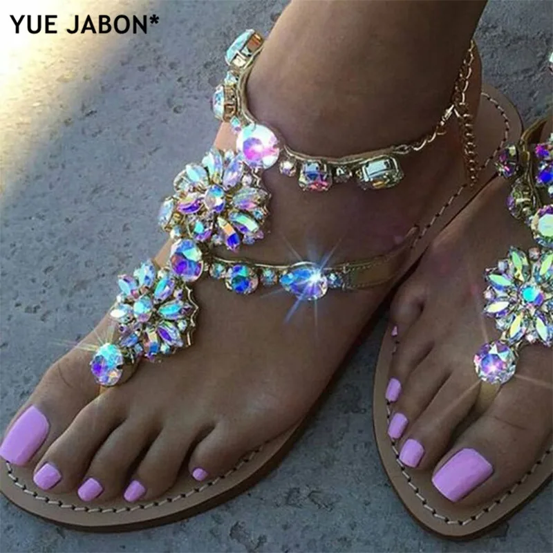 Юэ JABON женские босоножки странные ботинки Стразы Цепи Стринги пятно Для женщин обувь с украшением в виде кристаллов босоножки на плоской подошве большой Размеры Feminino