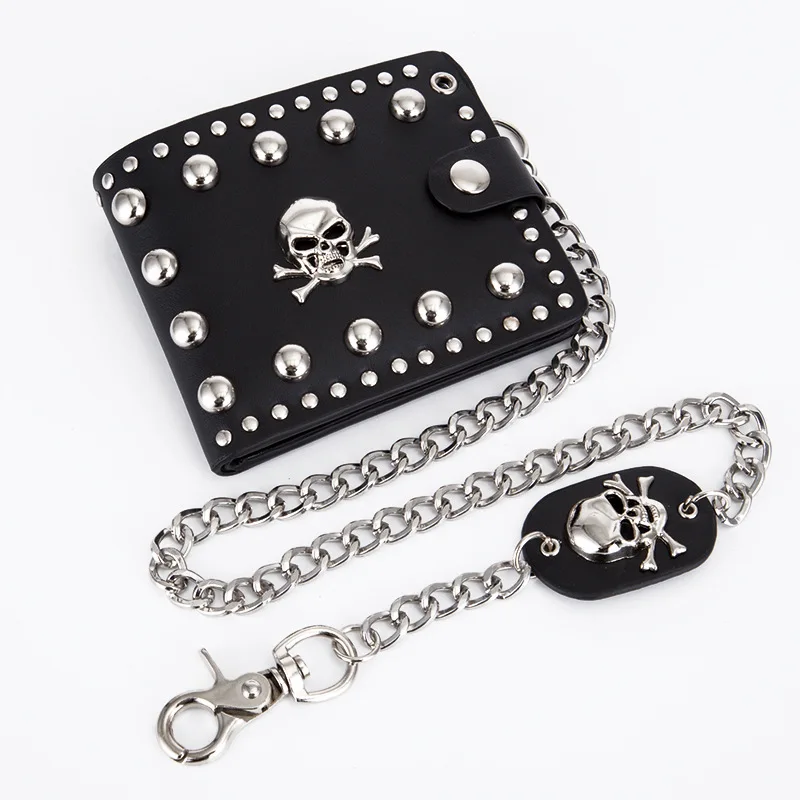 

Punk Skull Cross Short Wallets Men Leather Gothic Retro Coin Purse With Chain Rivets Mini Wallet Card Holder Hasp Purses WA02
