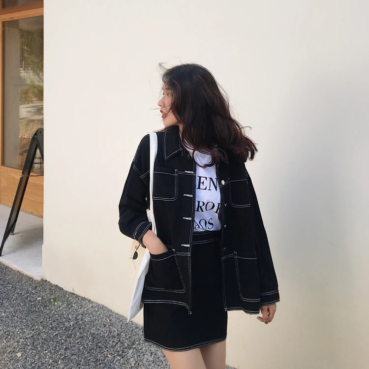 Куртки Для женщин однотонные Однобортный универсальные свободные полной длины корейский стиль Для женщин s джинсовая Harajuku Лидер продаж, кофта и удобные - Цвет: black
