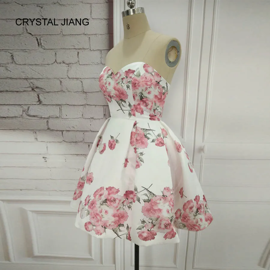 Simple Design Sweetheart Vestido Coctel White Floral Printed Natural Waist Short Party Gown