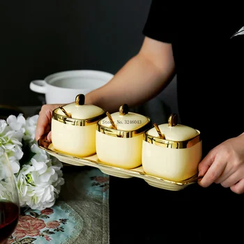 

European light luxury ivory porcelain ceramic seasoning box bottle seasoning seasoning salt pot kitchen supplies 4 sets