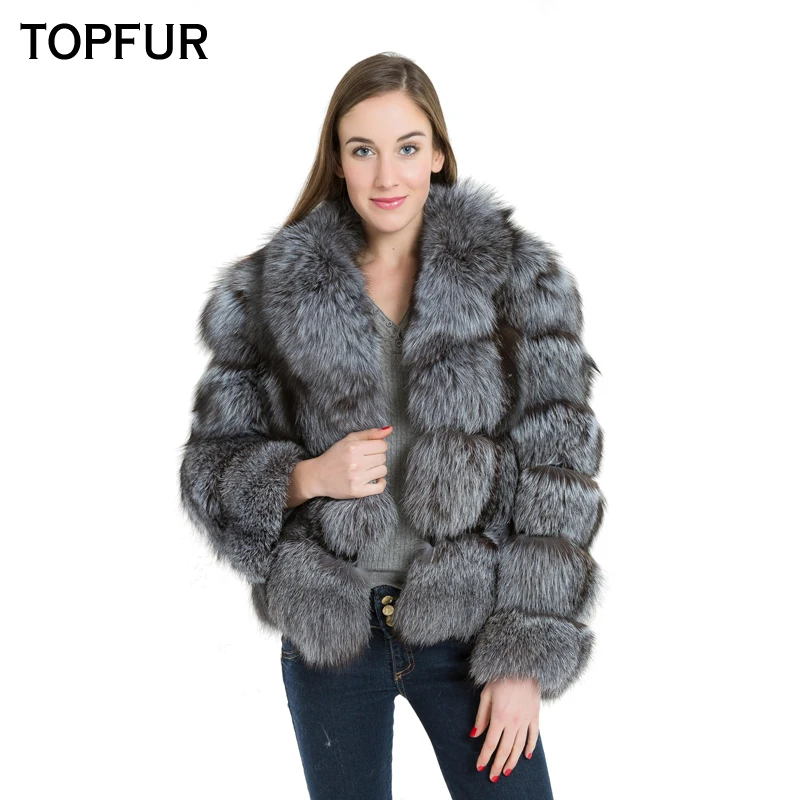 

TOPFUR 2019 New Arrival High Quality Genuine Silver Fox Fur Coat Women With Turn-down Collar One Piece Real Fox Outwear BF-C0169