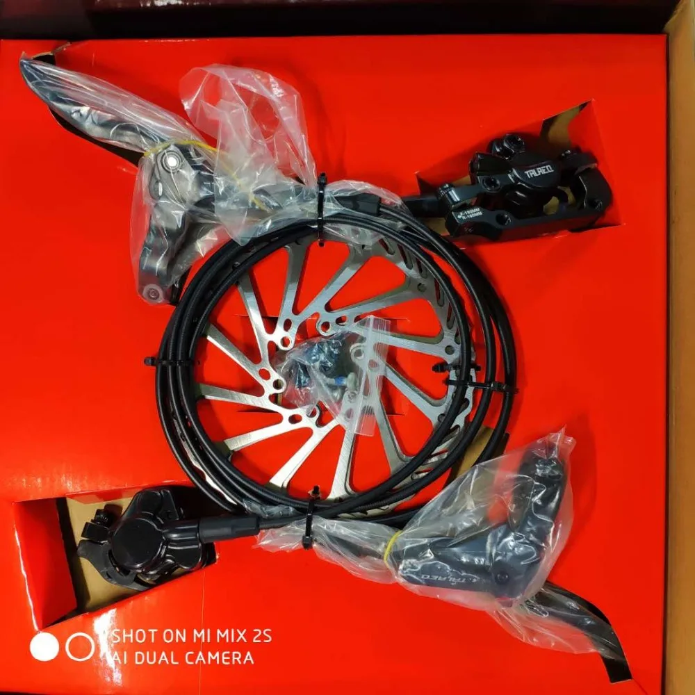 

TRLAEQ Hydraulic Disc Brake Set for MTB bicycle; Right Front 750mm; Left Rear 1350mm. 1 Set with Rotors