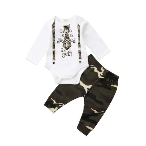 

US Stock 2Pcs Newborn Kids Baby Boys Camo Fake necktie Romper Tops +Camouflage Pants Outfits Set Clothes