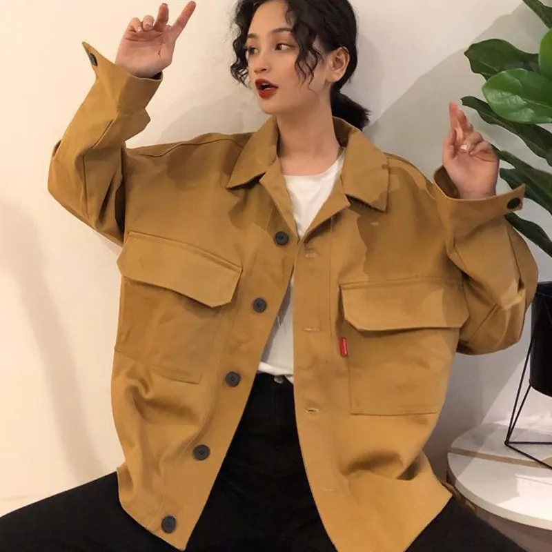 Preise Mooirue Frühling Lose Mantel Frau Safari Koreanische Student BF Mit Tasche drehen unten Kragen Schwarz Gelb Baumwolle Jacken Tops strickjacke
