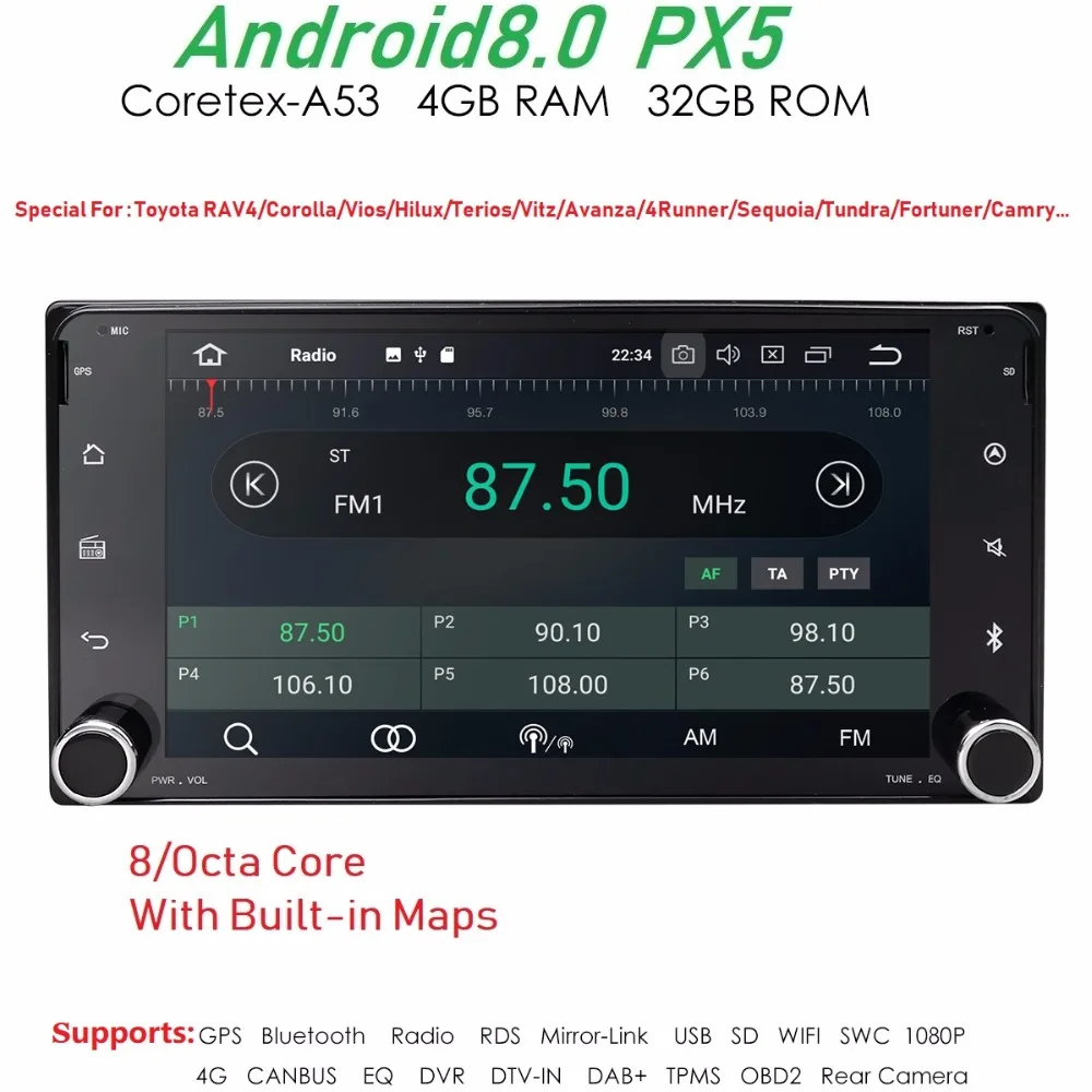 Hizpo Android8.0 8 Core 4 Гб + 32 ГБ 2DIN автомобиля NODVD gps для Toyota Terios Corolla Старый Camry Prado RAV4 fortuner