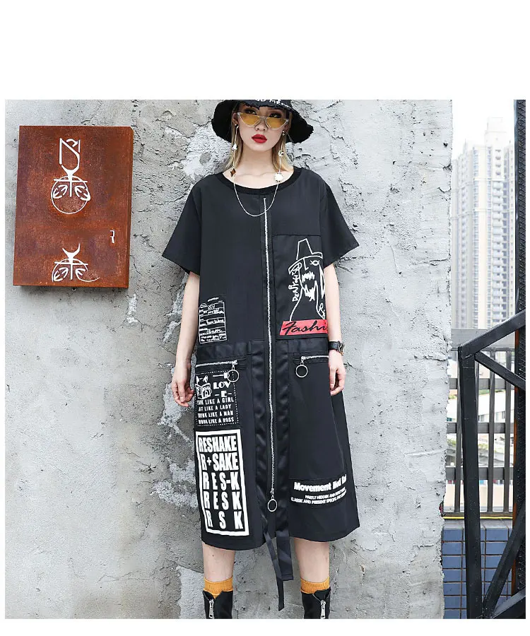 XITAO Tide, платье с буквенным принтом размера плюс, женское платье в стиле пэчворк, с карманами, индивидуальная корейская мода, круглый вырез, подходит ко всему лету DLL3176