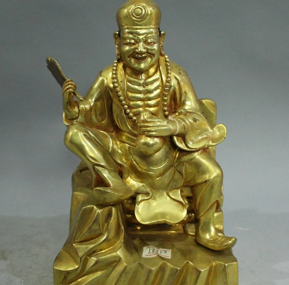 

9" Chinese Bronze 24K Gold Joss JiGong Chai Gong Hold Fan Buddha Arhat Monk