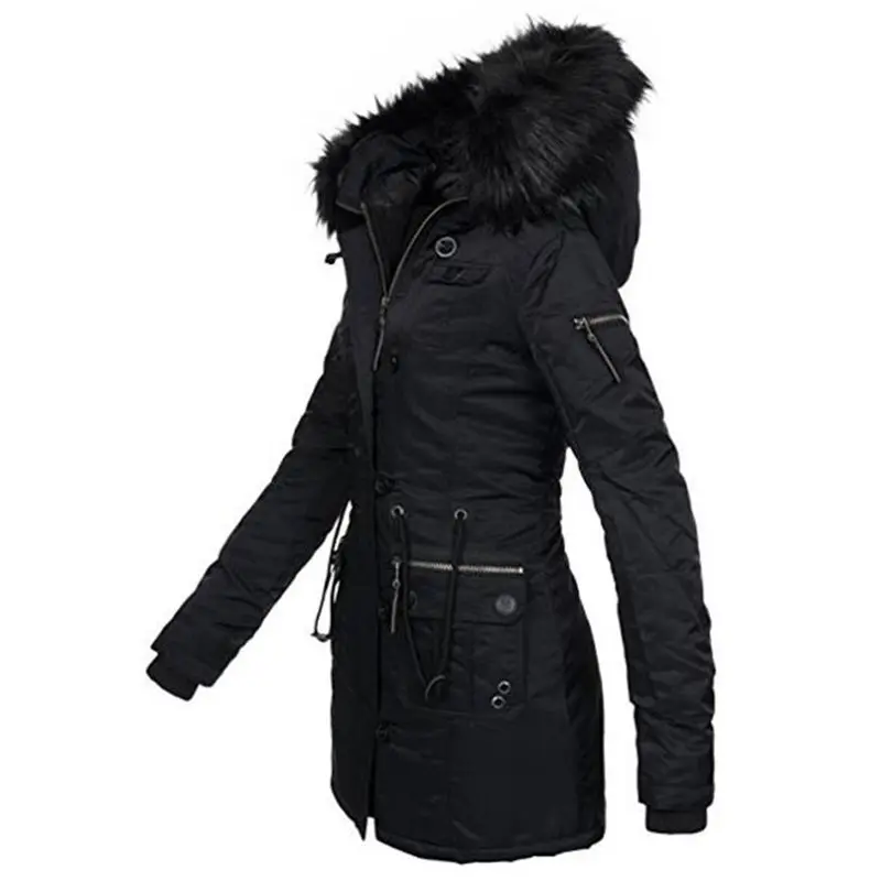 Зимняя женская куртка больших размеров, черная теплая парка, толстая верхняя одежда, хлопковое длинное пальто с капюшоном, воротник из искусственного меха, женское повседневное пальто