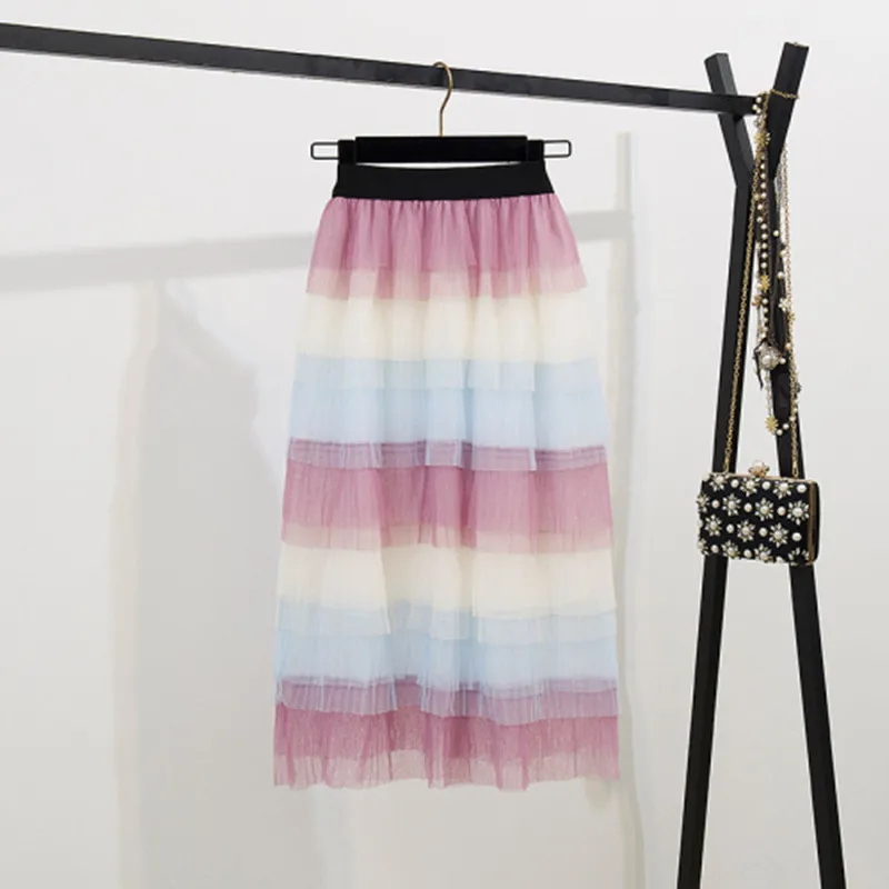 

Summer Fashion Sweet Cake Tulle Skirts Color Matching Women Elastic Mesh Midi Skirt Women's Cute Tiered Princess Skirt