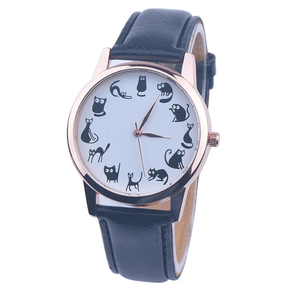 

Women's Watches Relogio feminino Top Brand Leather Band Analog Simple Design Cat Pattern Quartz Watch Ladies Women Clock Alarm