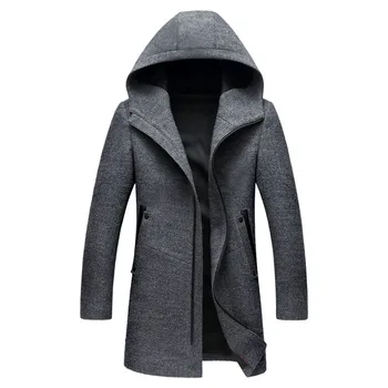 

Mens Long Hooded Wool Trench Coat 2020 Winter New Casual Woolen Hoodie Trench Coats Slim Fit Zipper Men Windbreaker Pea Coat 3XL