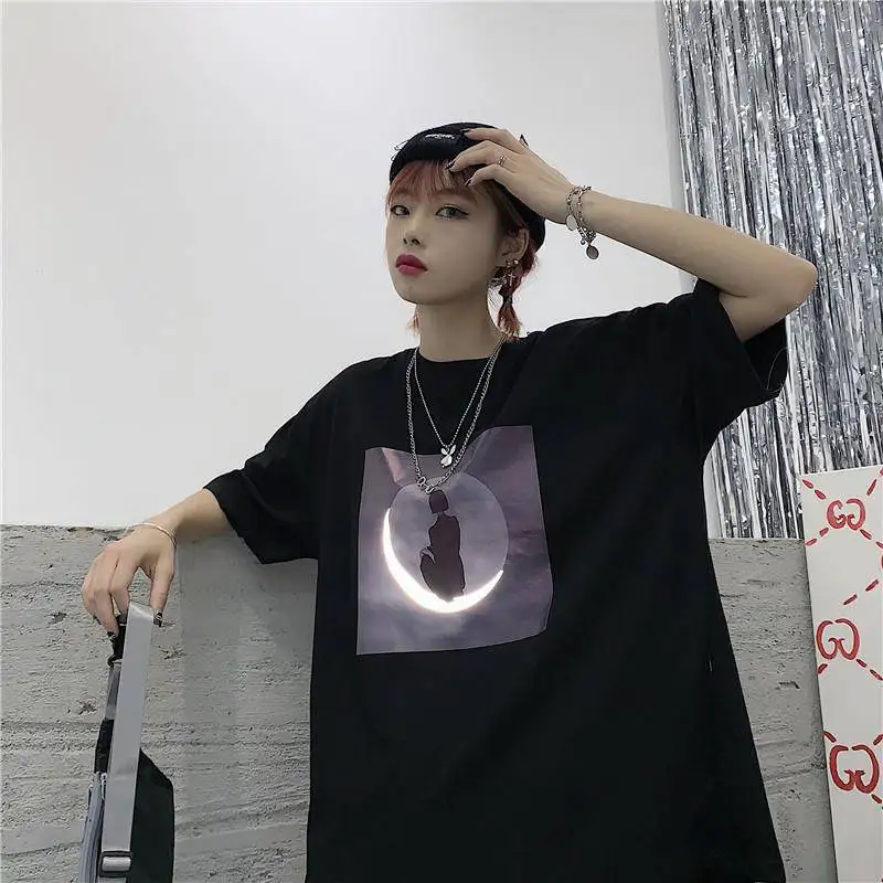 

19s So Cool! MOON Print harajuku shirt Summer women fashion Pink Tee Oversize Girlfriend t shirt Punk shirts