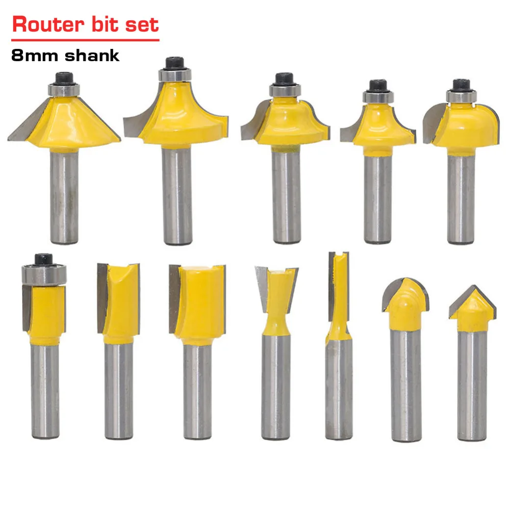 

12pcs Milling Cutter Router Bit Set 8mm Wood Cutter Carbide Shank Mill Woodworking Trimming Engraving Carving Cutting Tools