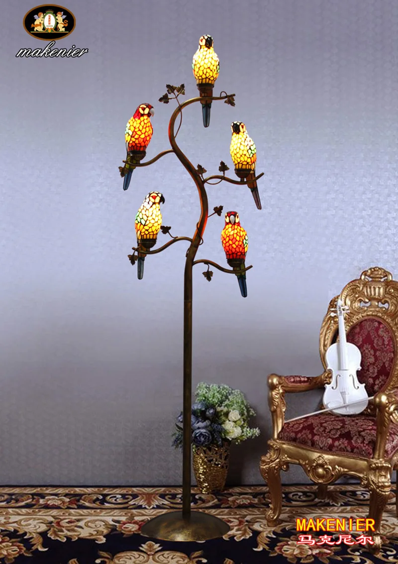 Винтажный витражный светильник Makenier в стиле Тиффани, 5 цветов, для спальни, гостиной, кабинета, торшер