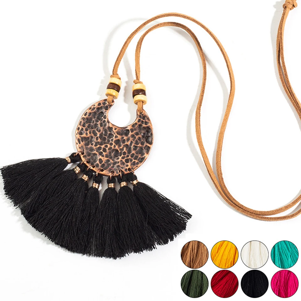 

2018 New bohemian long tassel sweater necklace choker jewelry Boho yellow handmade fringe moon pendant colar statement necklaces