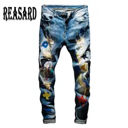 Для мужчин's цветной лоскутное рваные джинсы мода патч дизайн вышивка стрейч джинсовые штаны узкие прямые брюки