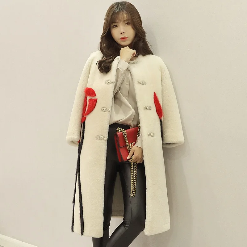 

Arlenesain custom women shearling mink fur patchwork wool fur long coat. 604