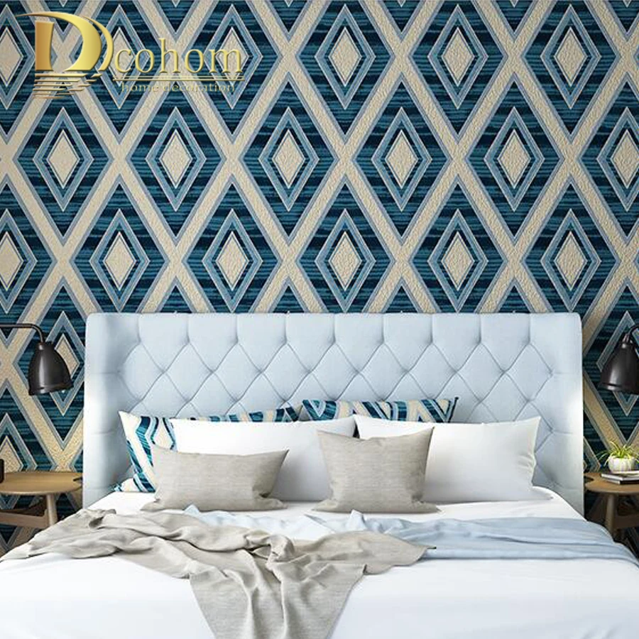 

Simple Thick Flocked Modern Wallpaper Design 3D Rhombus Non Woven Wall Paper Rolls For Living Room Sofa TV Background Decor