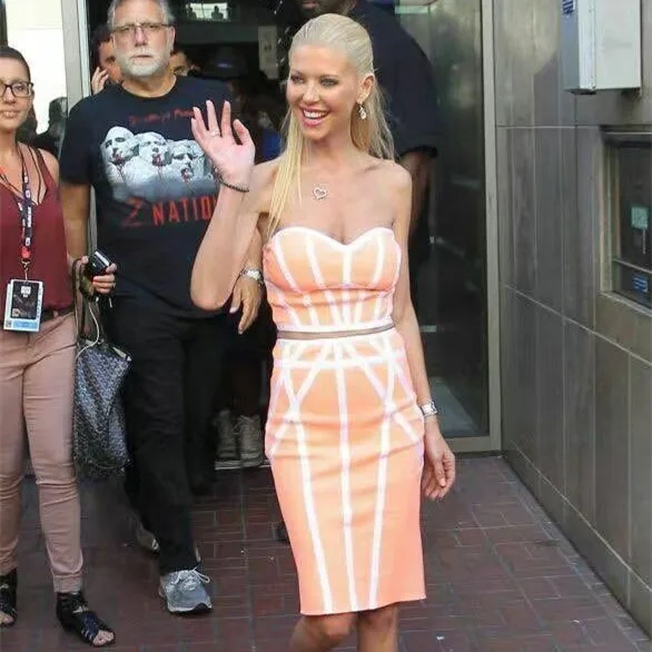 High Quality HL 2 Pieces Set Orange and Pink Rayon Bandage Dress Celebrity Party Bodycon Dress