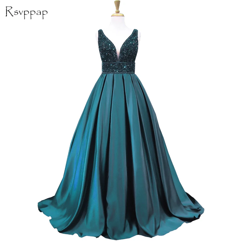 

Long Emerald Green Evening Dress 2019 Ball Gown V-neck Sleeveless Beaded Backless Women Formal Evening Gowns robe de soiree