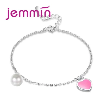 

Hot Sale 925 Sterling Silver Pink Love Heart+White Pretty pearls Bracelet Lovely Present For Women Girlfriend Jewelry