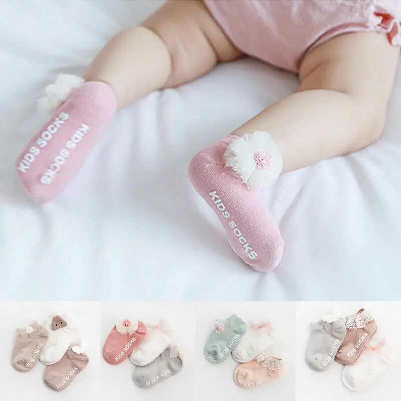 

3 Pairs Baby Girl Boy Cute Socks Angel Wings Ruffles Children Kids Non-slip Cotton Bow Socks Lace Breathable Frilly Princess