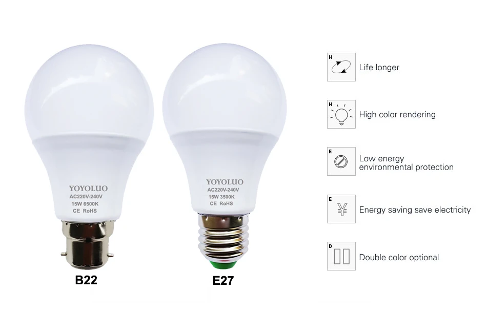 [Yoyoluo] E27 светодио дный лампы 220 В светодио дный лампы 5 Вт/7 Вт/9 Вт/12 Вт/15 Вт лампада светодио дный прожекторы 110 В B22 свет стол светодио дный энергосберегающие лампы