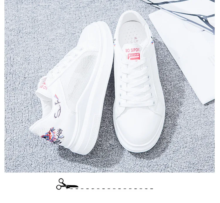 Embroidery Increase Women's Walking Shoes Mesh Breathable White Solid Color Lace Up Platform Flats Shoes Sport Sneaker Famale (13)