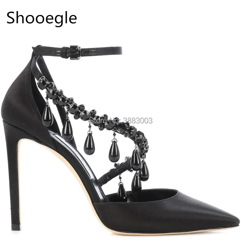 

Fashion Pointed Black Clear Crystal Women Pumps Pointed Toe Ankle Women Buckle Strap Thin High Heel Sandals for party wedding