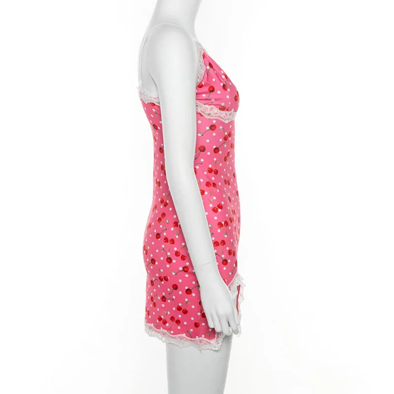 Летнее розовое платье для женщин, уличная одежда, сексуальный милый сарафан с вишневым принтом, кружевное платье, Короткое мини Vestdido Dollskill, вечерние платья